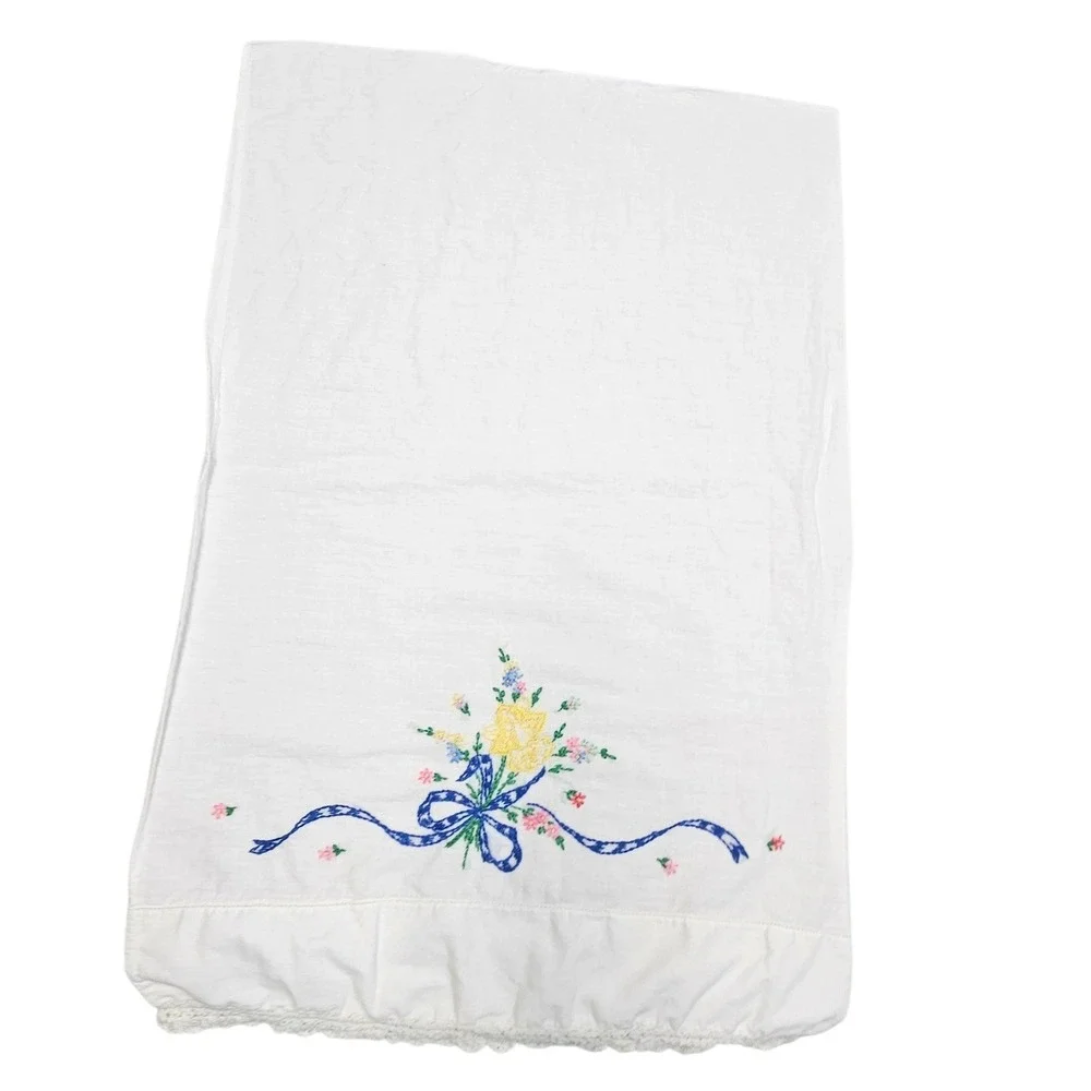 Vintage Hand Embroidered Pillowcases Pair White Yellow Floral Blue Ribbon‎ Lace